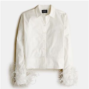 NWT J CREW collared cropped white feather trim button down shirt